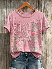 Women's Vintage Pink Ribbon Floral Print Short-sleeved T-shirt