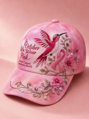 Unisex Breast Cancer Awareness Support Pink Ribbon Pink Floral & Hummingbird Print Hat