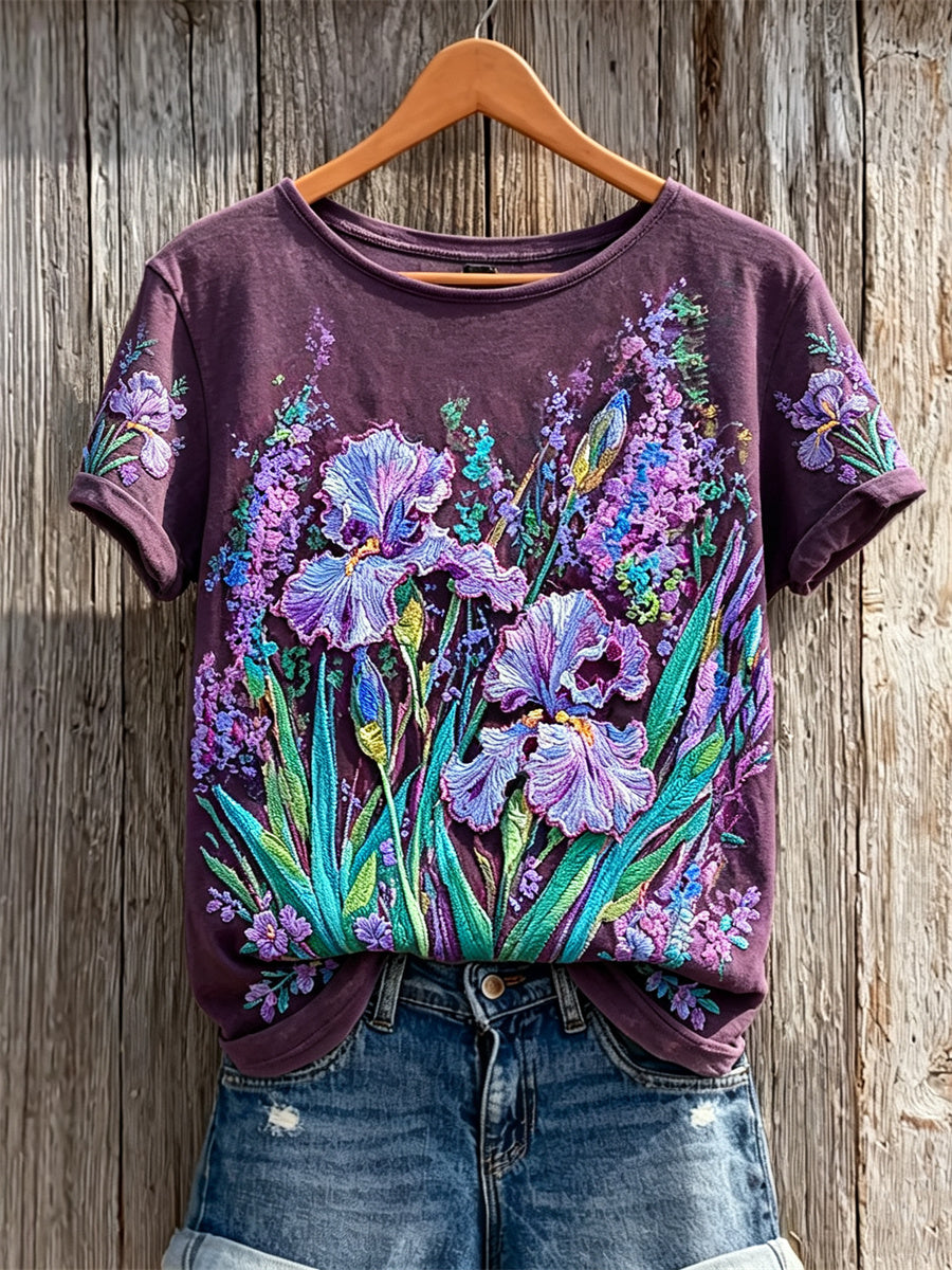 Women's Purple Irises Floral Art Print short-sleeved T-shirt