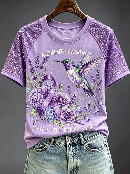 Women's Purple Ribbon Awareness Print Round Neck Short Sleeve T-shirt