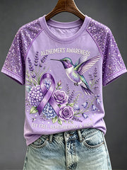 Women's Purple Ribbon Awareness Print Round Neck Short Sleeve T-shirt