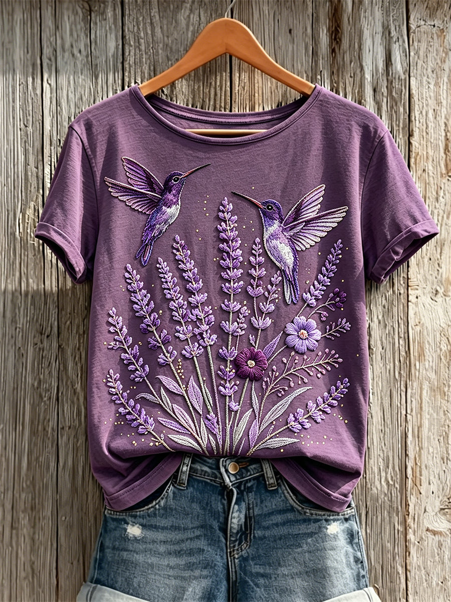 Women's Classy Purple Floral Hummingbird Print Short-sleeved T-shirt