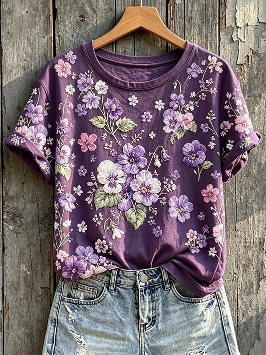 Women's Classy Purple Awareness Floral Print Short-sleeved T-shirt