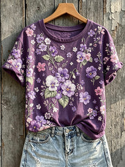 Women's Classy Purple Awareness Floral Print Short-sleeved T-shirt