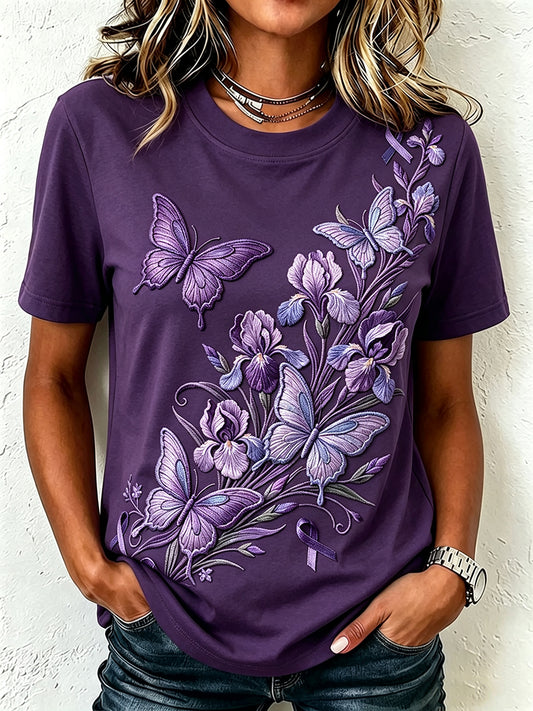 Women's Iris Flower Butterfly Purple Ribbon Print Short-sleeved T-shirt