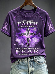 Women's Faith Over Fear Purple Ribbon Print Round Neck Short Sleeve T-shirt