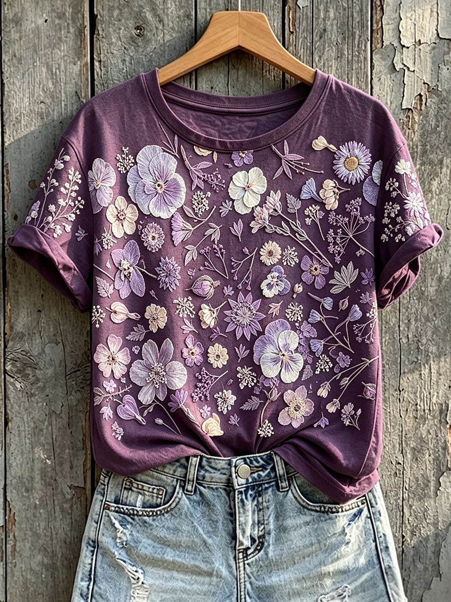 Women's Classy Purple Awareness Floral Print Short-sleeved T-shirt