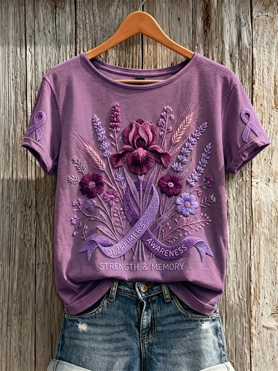 Women's Classy Purple Ribbon Awareness Floral Print Short-sleeved T-shirt