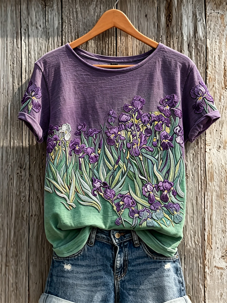 Women's Purple Irises Contrast Color Art Print short-sleeved T-shirt