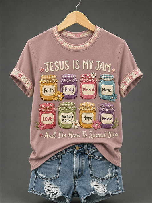 Women's Jesus Is My Jam And I'm Here To Spread It Print Casual Tee