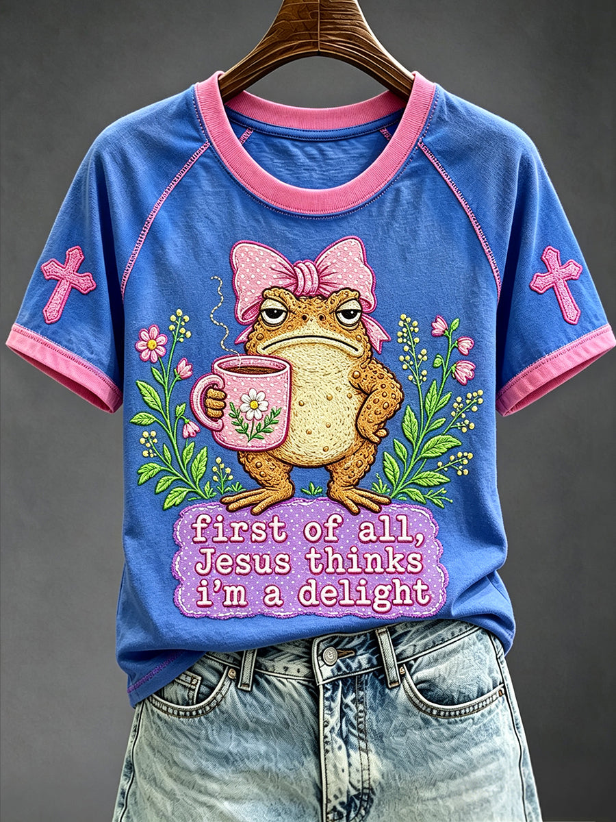 Women's First Of All Jesus Thinks I’m A Delight Funny Christian Frog Print Round Neck Short Sleeve T-shirt