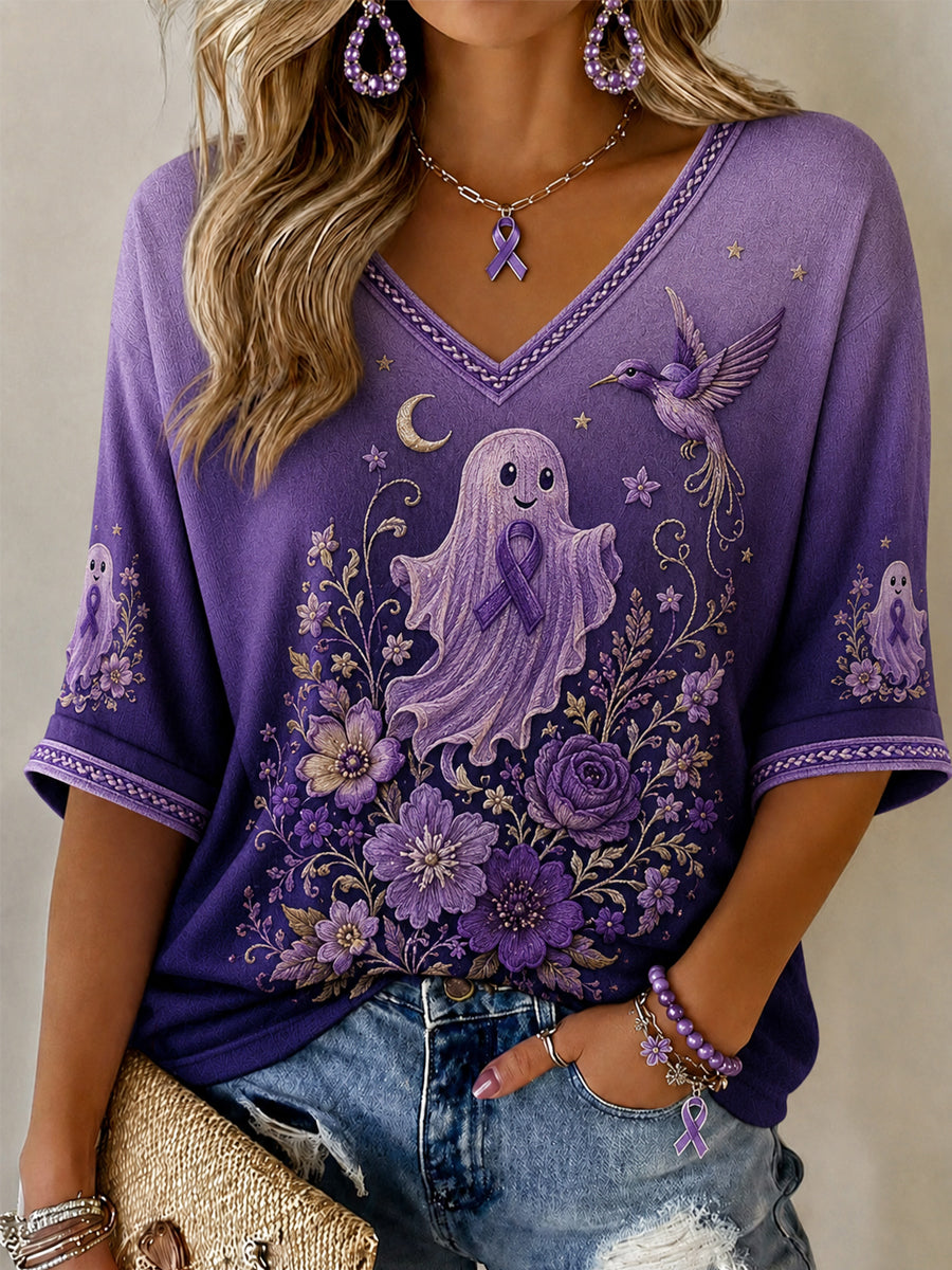 Women's Purple Floral & Ghost Print Alzheimer's Awareness Support Half-Sleeves V-Neck T-Shirt