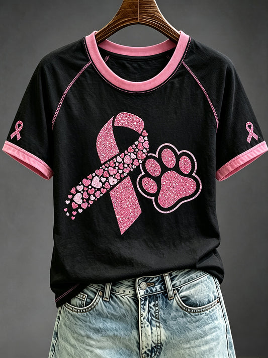 Women's Breast Cancer Pink Ribbon Pawn Print Round Neck Short Sleeve T-shirt
