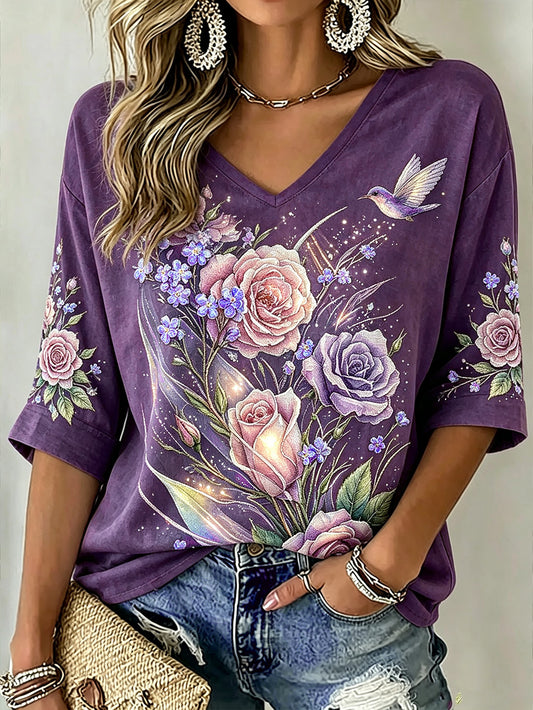 Women's purple floral and bird pattern printed linen short-sleeved T-shirt