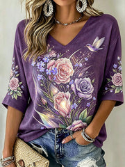 Women's purple floral and bird pattern printed linen short-sleeved T-shirt