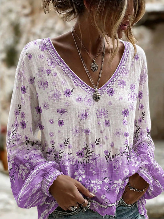 Women's Purple Flora Art Print Cotton-Linen Shirt