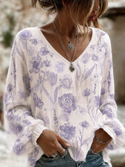 Women's Purple Flora Art Print Cotton-Linen Shirt