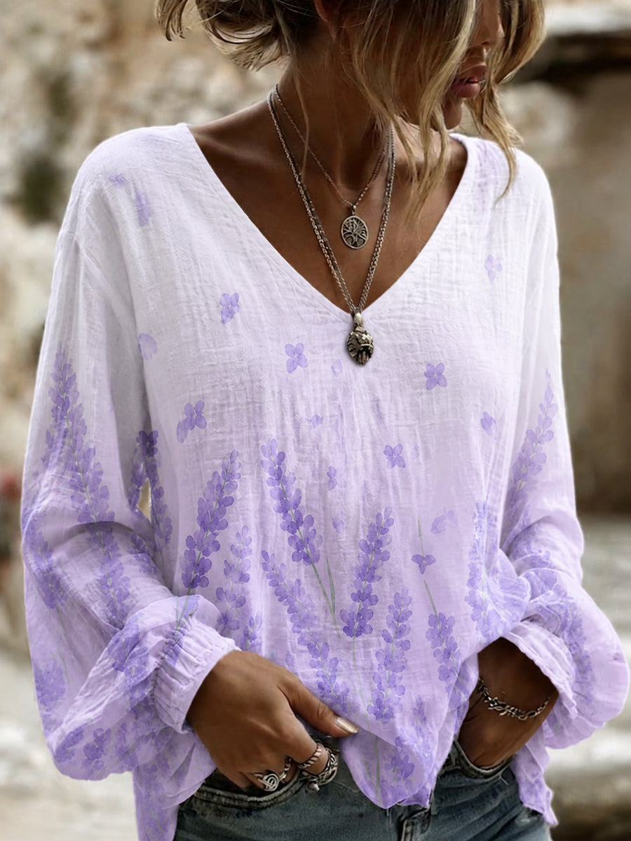 Women's Purple Flora Art Print Cotton-Linen Shirt