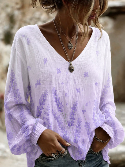 Women's Purple Flora Art Print Cotton-Linen Shirt