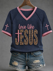 Women's Christian Love Like Jesus Cross V-neck Off-shoulder Short-sleeved T-shirt