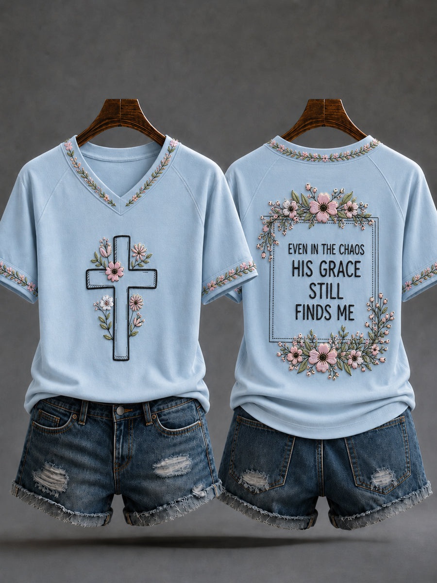 Women's Christian Even In The Chaos His Grace Still Finds Me Cross V-neck Off-shoulder Short-sleeved T-shirt