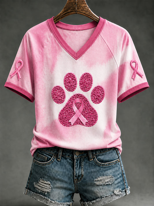 Women's Breast Cancer Awareness Support V-neck Off-shoulder Short-sleeved T-shirt
