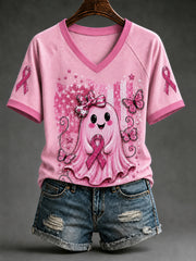 Women's Breast Cancer Awareness Support V-neck Off-shoulder Short-sleeved T-shirt