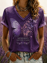 Women's Purple Flora Art Printed V-neck T-shirt