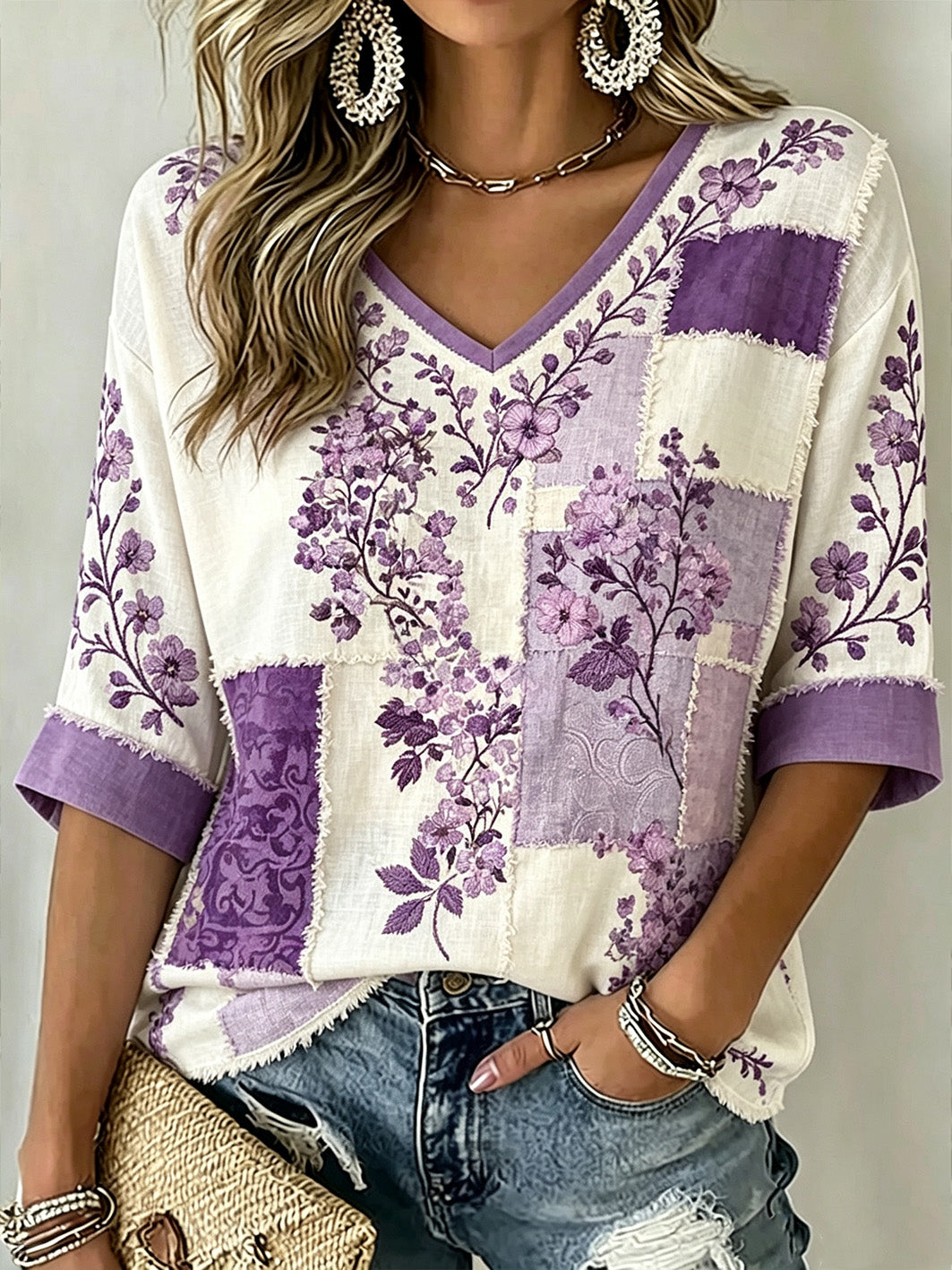 Women's Flowers Pattern Printed Linen Casual Mid-length Sleeves T-shirt
