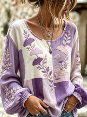 Women's Flowers Pattern Printed Linen Casual Cotton and Linen T-shirt