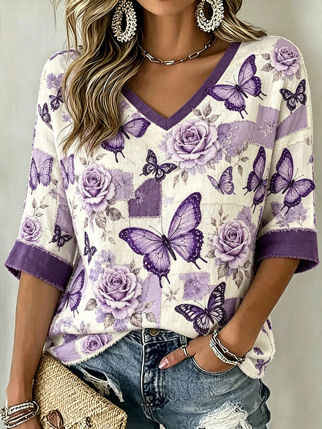 Women's Butterfly and Flower Pattern Printed Linen Casual Short Sleeves T-Shirt