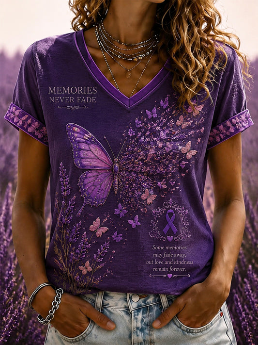 Women's Purple Flora Art Printed V-neck T-shirt