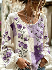 Women's Flowers Pattern Printed Linen Casual Cotton and Linen Shirt