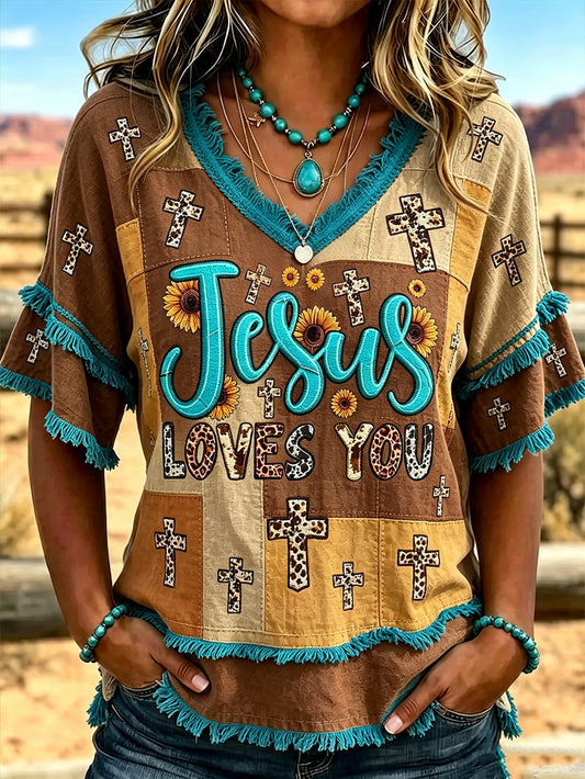 Women's Faith Slogan Pattern Printed Leisure Cotton-Linen Shirt