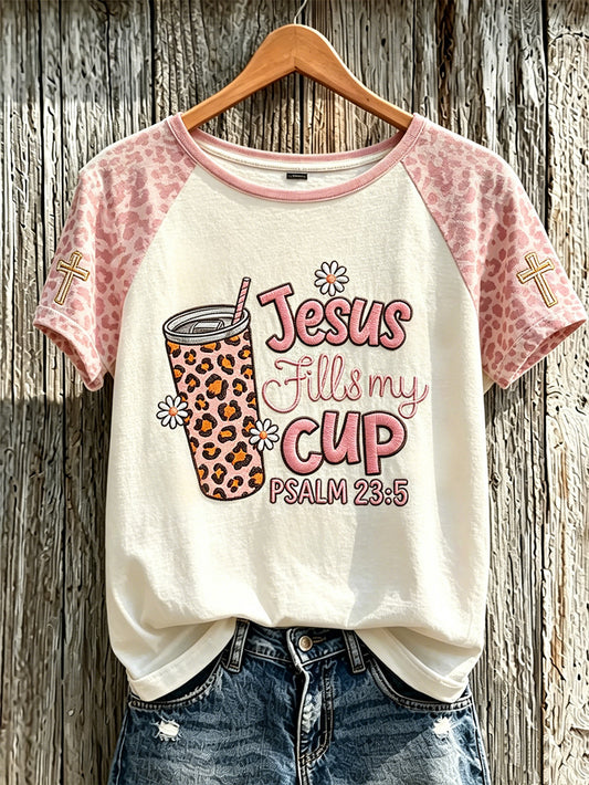 Women's Faith Slogan Leopard Print Pattern Printed Leisure Round Neck T-shirt