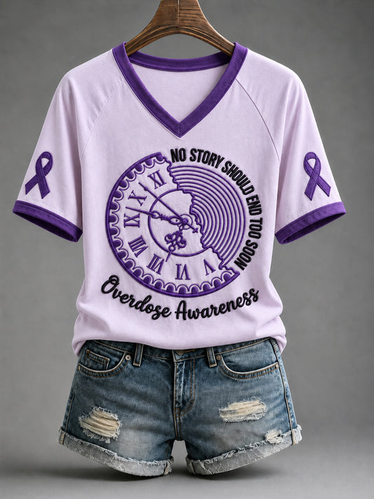Women's Overdose Awareness No Story Should End Too Soon Purple Ribbon Print T-shirt
