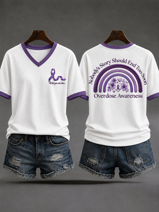 Women's Overdose Awareness No Story Should End Too Soon Purple Ribbon Print T-shirt