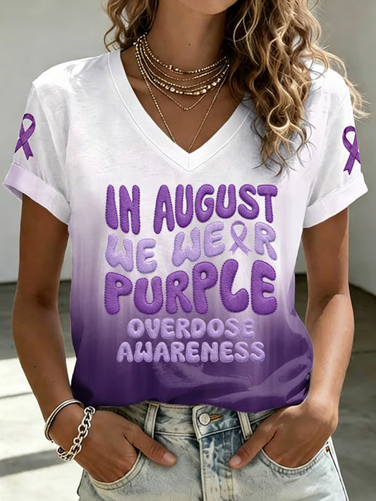 Women's In August We Wear Purple Overdose Awareness Print V-Neck Tee