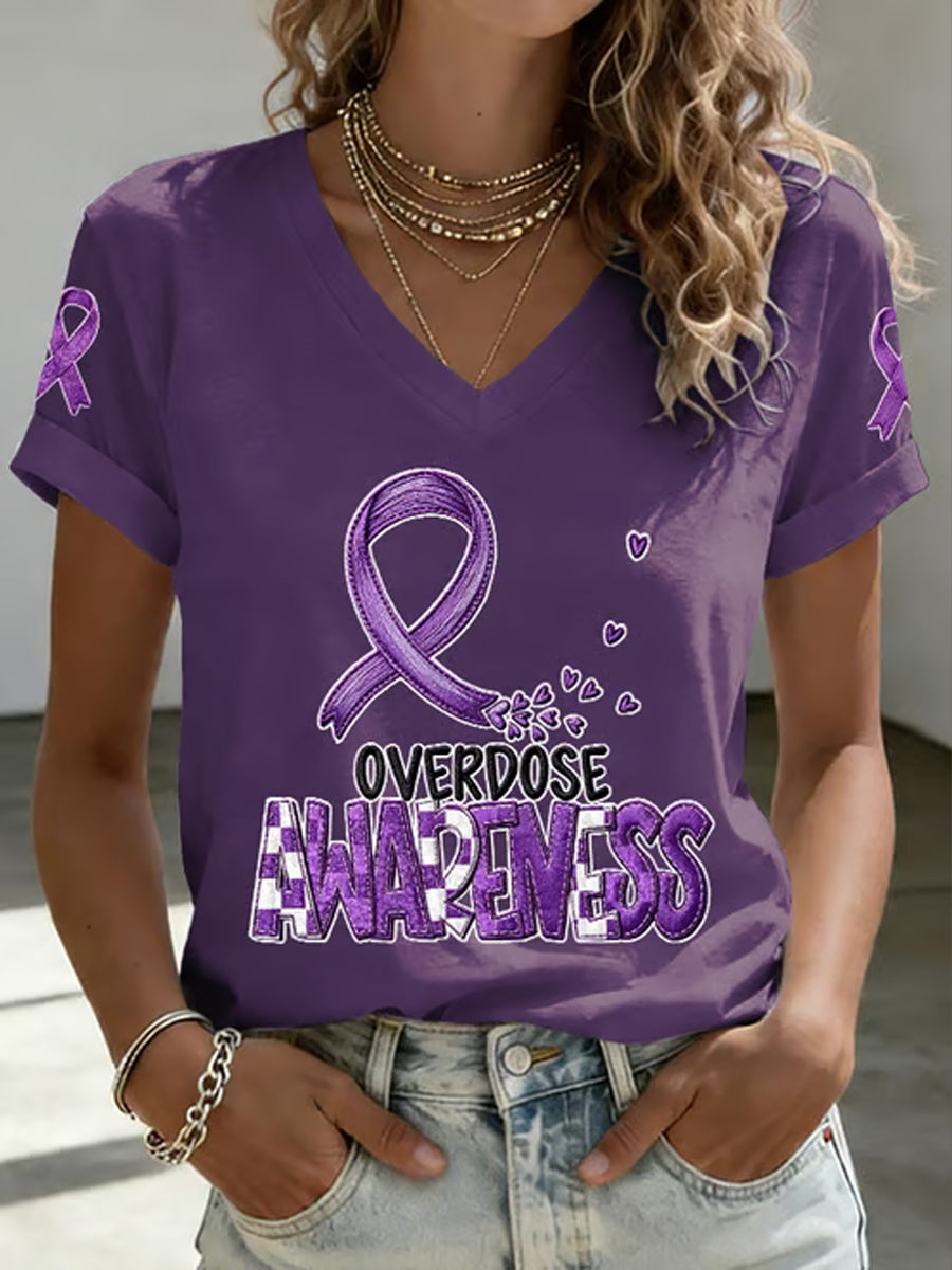 Women's Overdose Awareness Purple Ribbon Print T-shirt