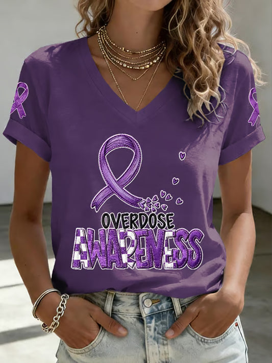 Women's Overdose Awareness Purple Ribbon Print T-shirt