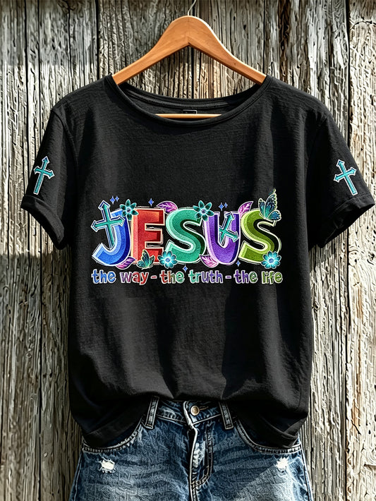 Women's Faith Slogan Leopard Print Pattern Printed Leisure Round Neck T-shirt
