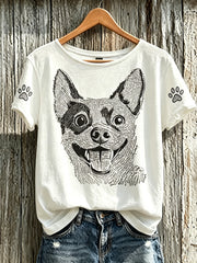 Women's cute dog pattern printed casual short-sleeve T-shirt
