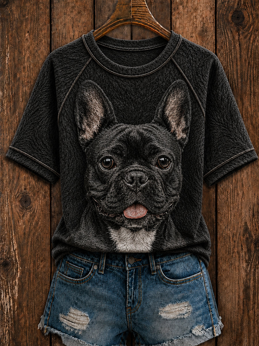 Women's Cute French Bulldog Art Round Neck Short Sleeve T-shirt
