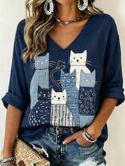 Women's Crowded Cats Japanese Sashiko Art Print linen Mid-sleeved T-shirt