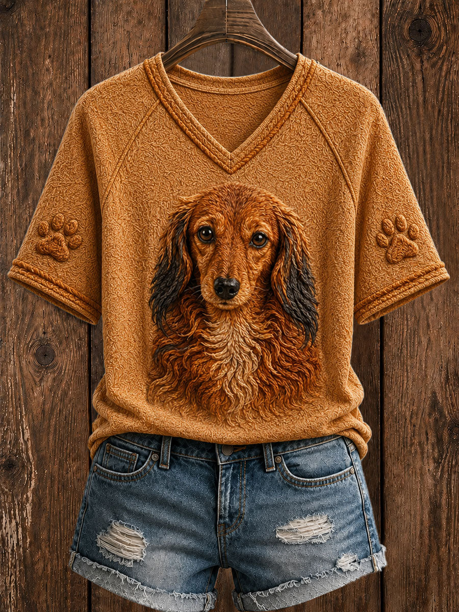 Women's Cute Dachshund  Art V-neck Short Sleeve T-shirt