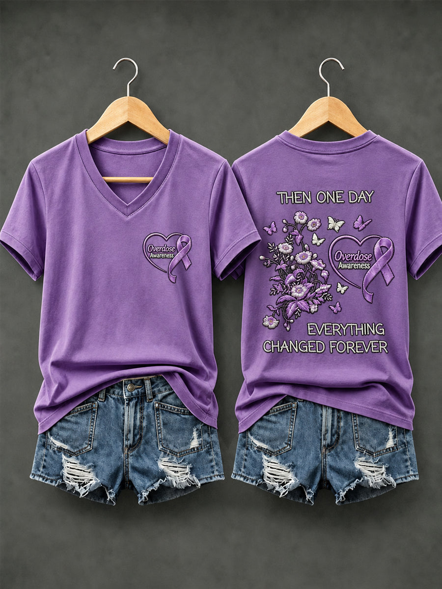 Women's Overdose Awareness Purple Ribbon Print T-shirt