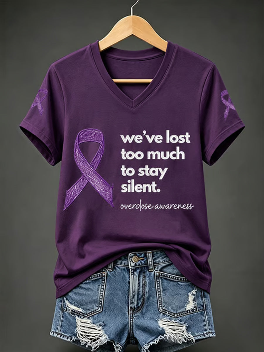 Women's Overdose Awareness Purple Ribbon Print T-shirt