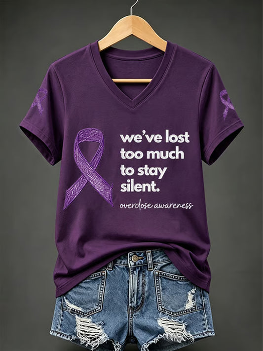 Women's Overdose Awareness Purple Ribbon Print T-shirt
