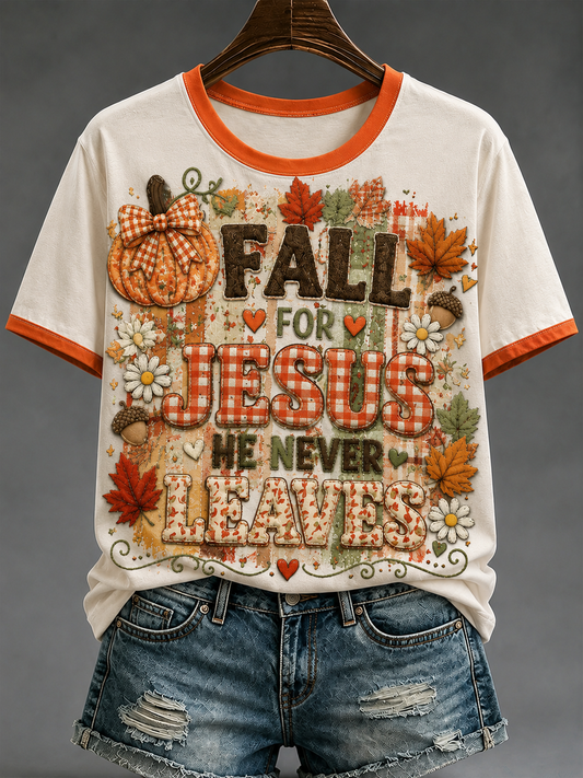 Women's Fall  For Jesus He Never Leaves Short-sleeved T-shirt