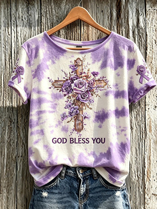 Women's retro floral and cross pattern print tie-dye design casual short-sleeve T-shirt